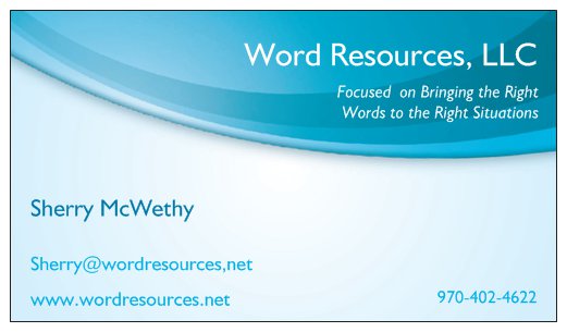 Sherry McWethy: Sherry@wordresources.net 970-402-4622